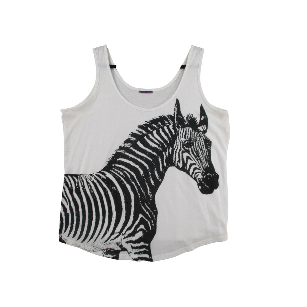 Beverly Drive Womens Zebra Graphic Tank Top White Black Scoop Neck Sleeveless